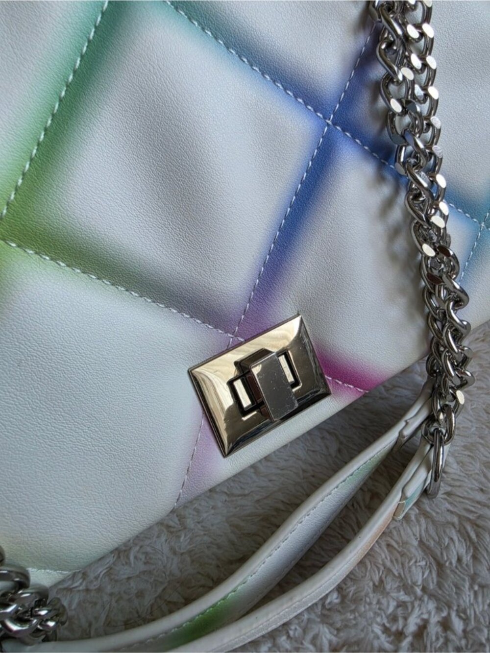 Multicolor Quilted Crossbody Bag White Pastel Rainbow Flap Bag Faux Leather - Picture 5 of 15